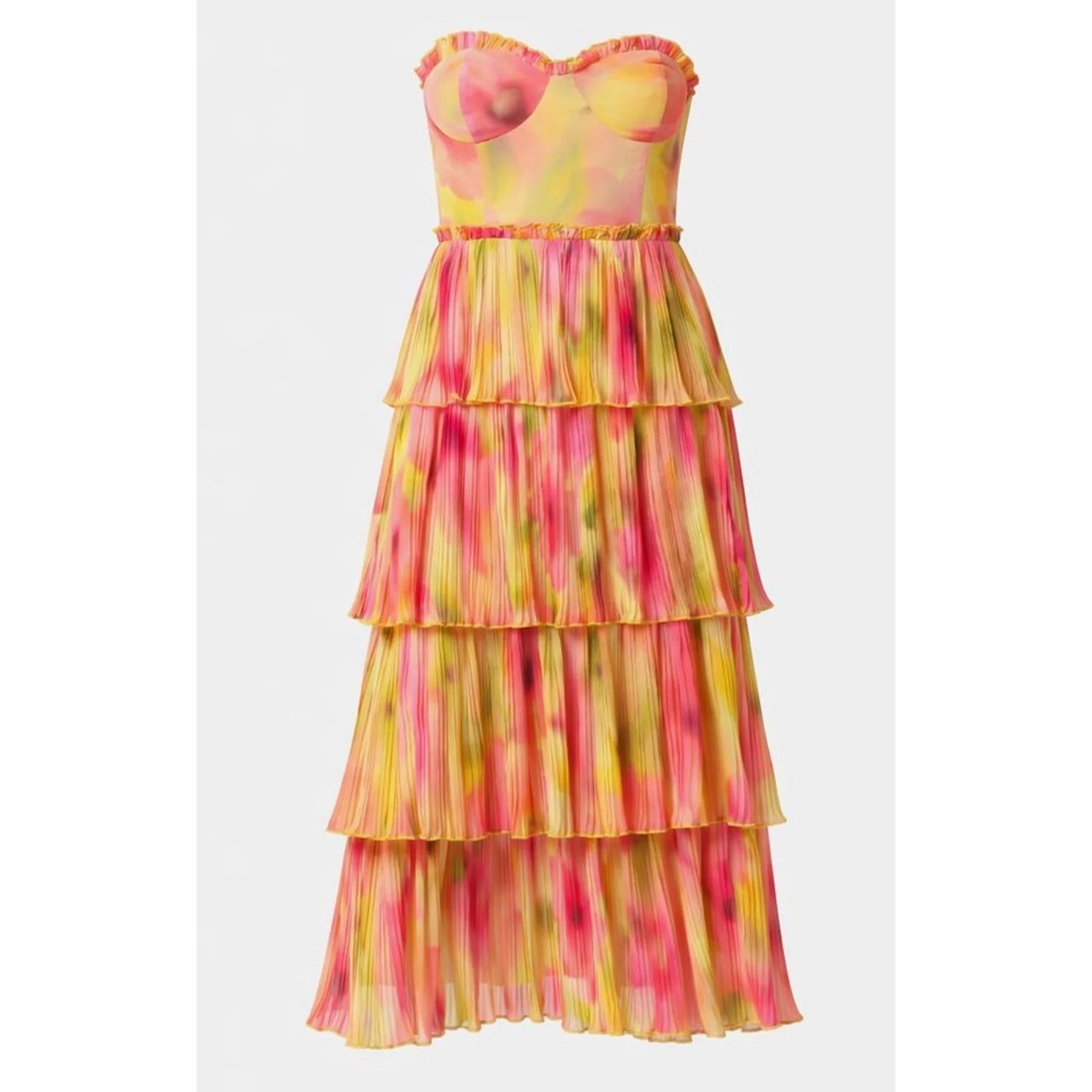 New With Tags Olivaceous Mustard Cora Tiered Maxi Dress Pink Yellow Floral Large